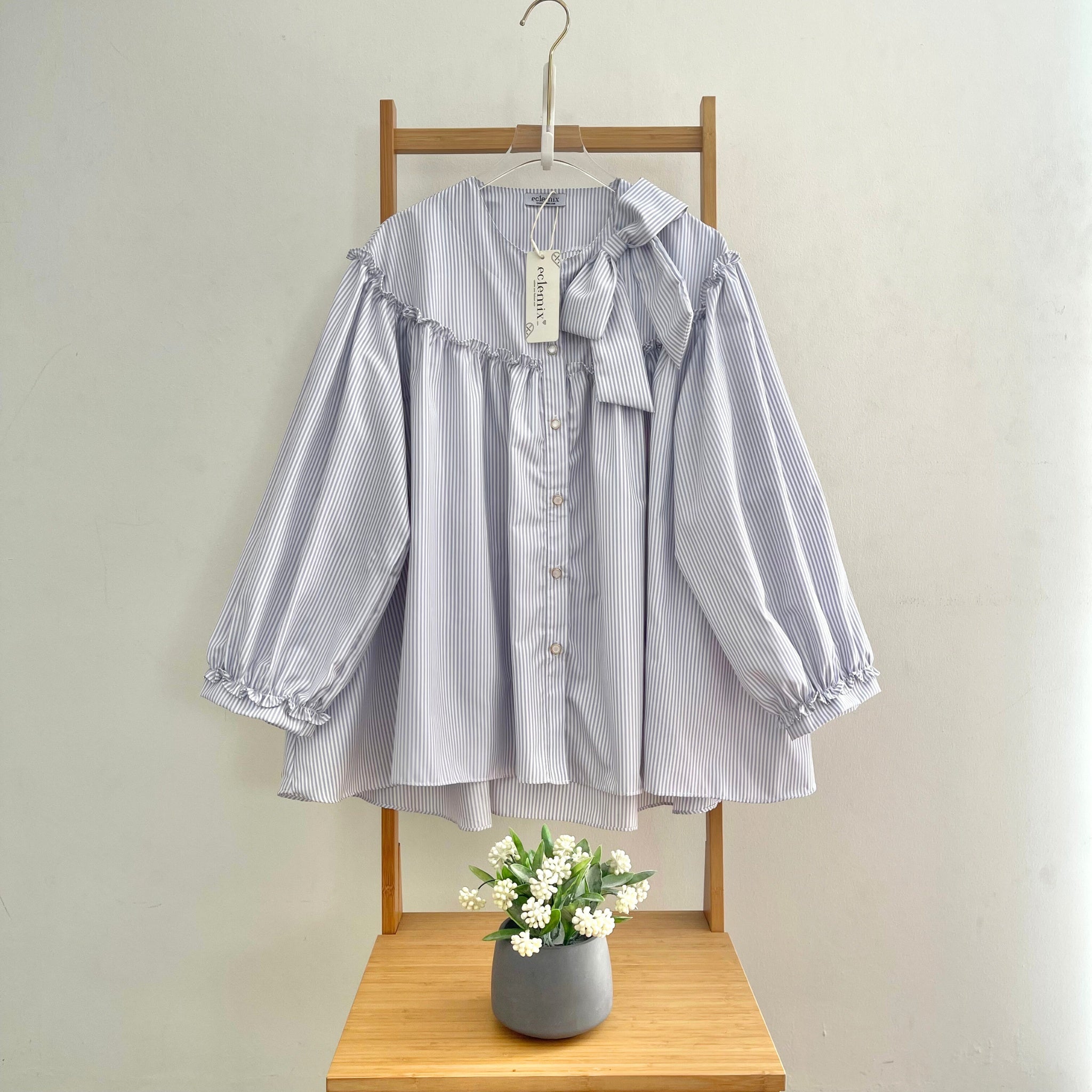 Image of Eclemix Top Tartha | Atasan Wanita Kemeja Motif Stripes Pita Bowtie